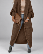 Women's Chunky Knit Maxi Cardigan with Open Front and Patch Pockets