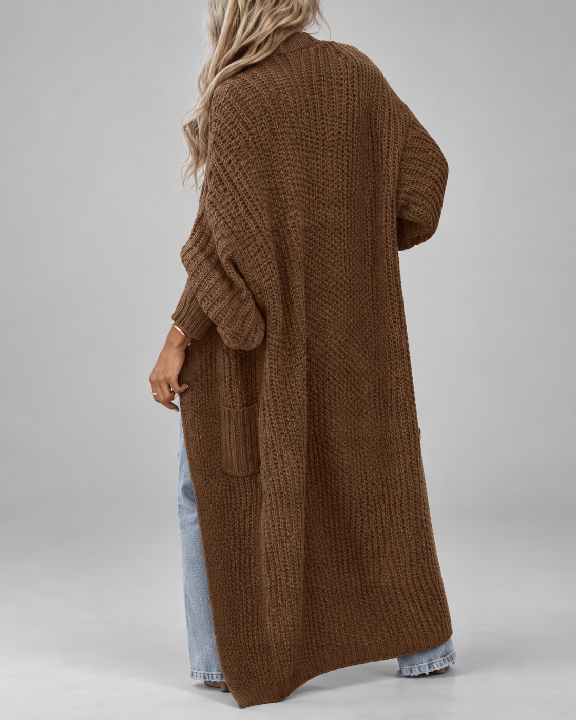 Women's Chunky Knit Maxi Cardigan with Open Front and Patch Pockets