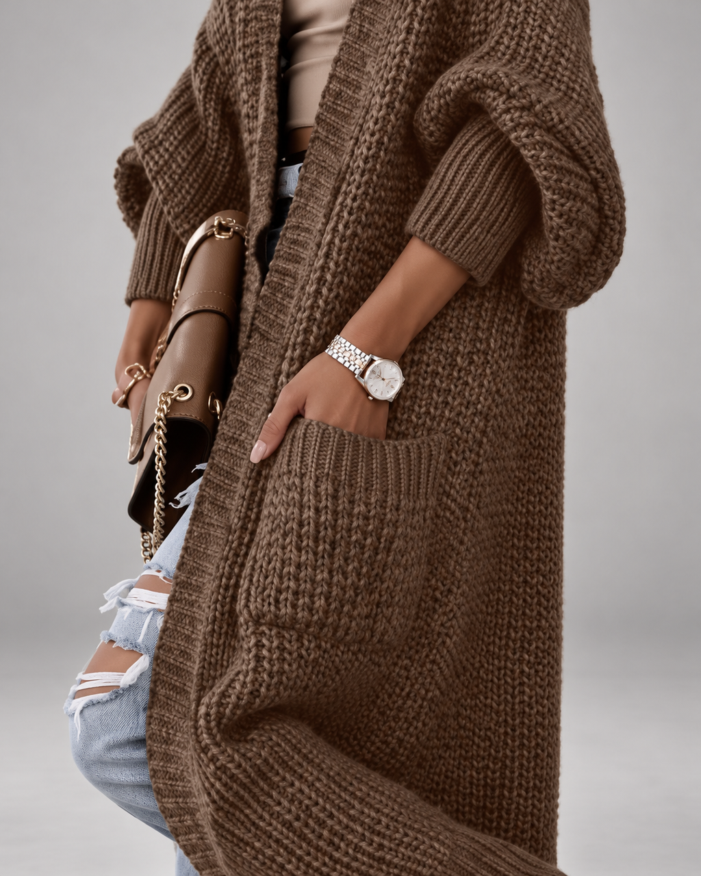 Women's Chunky Knit Maxi Cardigan with Open Front and Patch Pockets