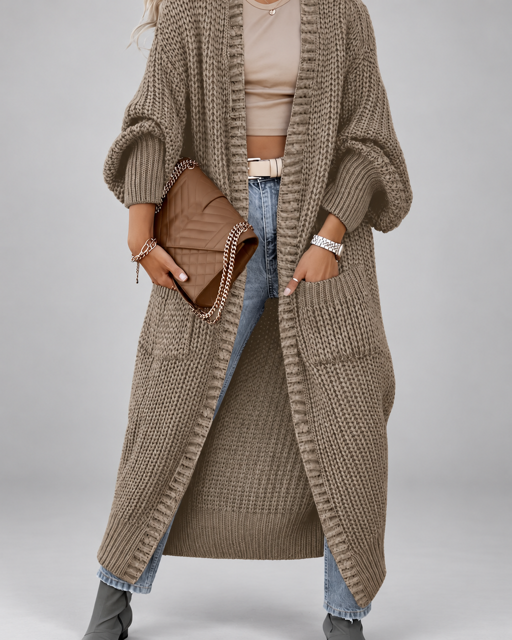 Women's Chunky Knit Maxi Cardigan with Open Front and Patch Pockets