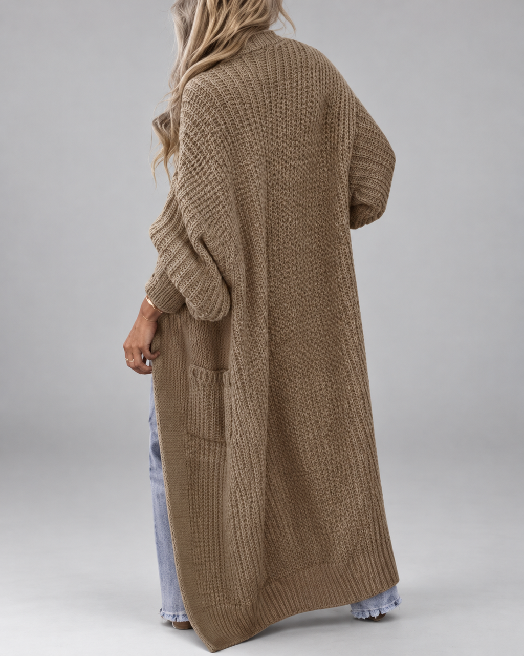 Women's Chunky Knit Maxi Cardigan with Open Front and Patch Pockets