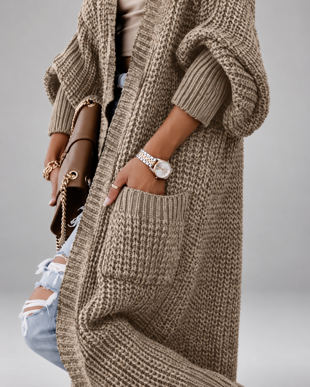 Women's Chunky Knit Maxi Cardigan with Open Front and Patch Pockets