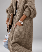 Women's Chunky Knit Maxi Cardigan with Open Front and Patch Pockets