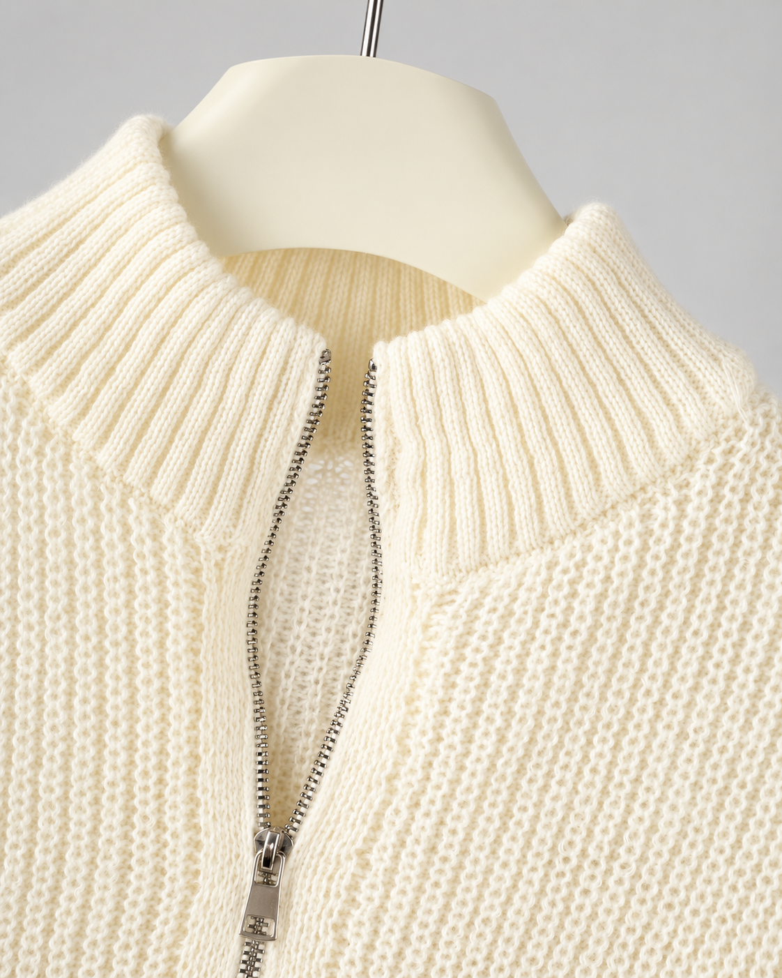 Women's Chunky Ribbed Knit Jumper with Half Zip and Stand Collar