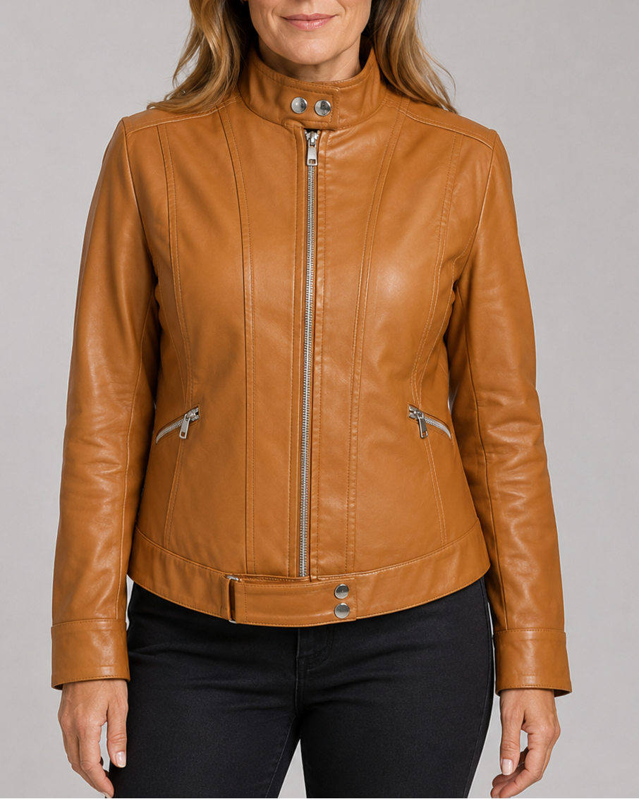 Women's Biker Moto Jacket with Zip Closure and Pockets