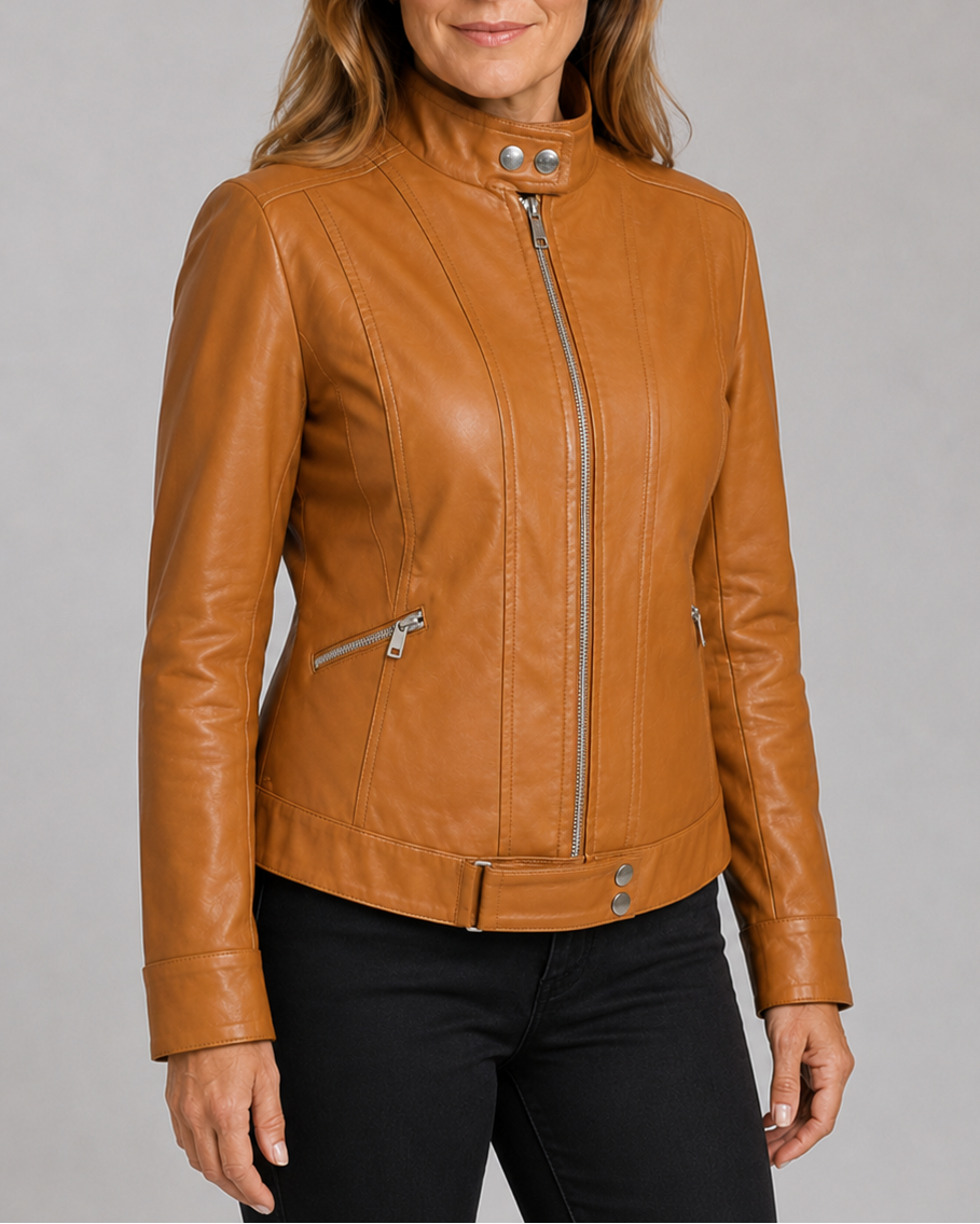Women's Biker Moto Jacket with Zip Closure and Pockets