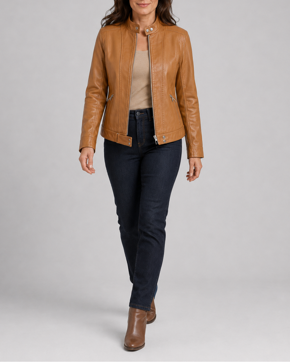 Women's Biker Moto Jacket with Zip Closure and Pockets