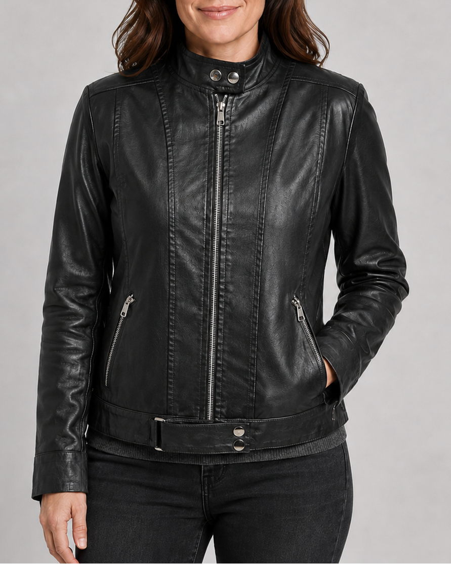 Women's Biker Moto Jacket with Zip Closure and Pockets