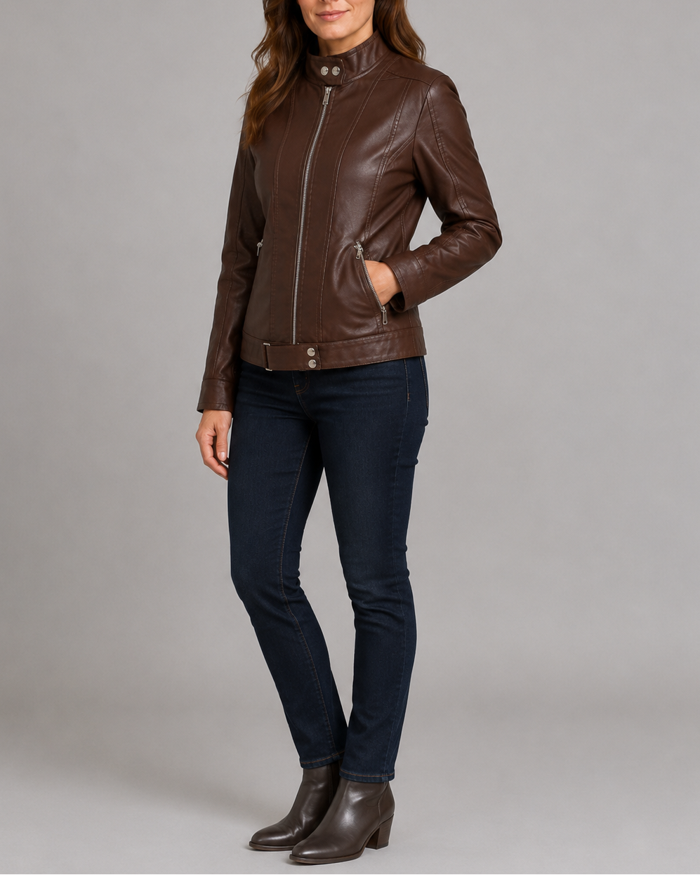 Women's Biker Moto Jacket with Zip Closure and Pockets