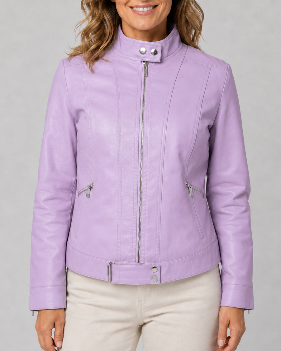 Women's Biker Moto Jacket with Zip Closure and Pockets
