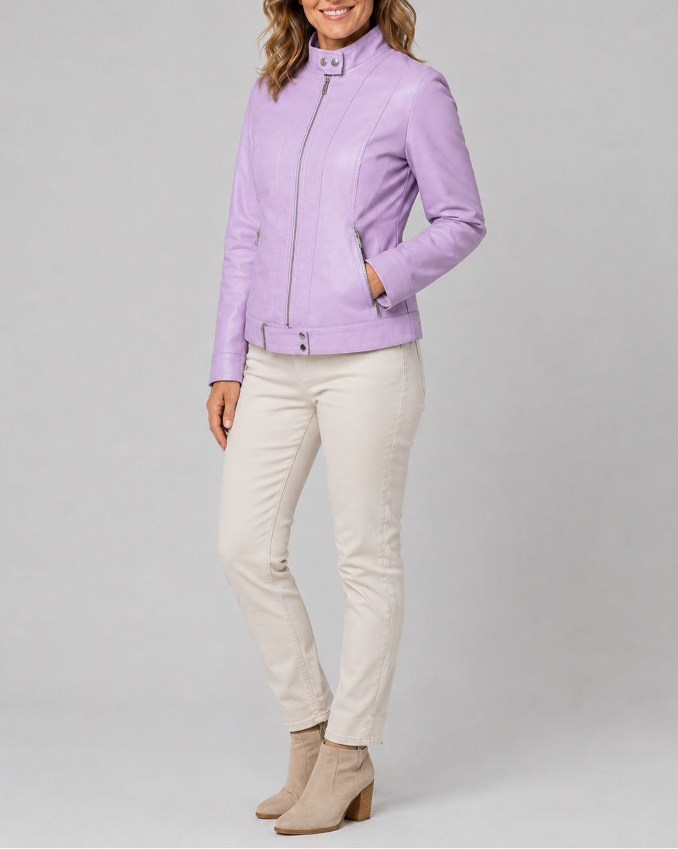 Women's Biker Moto Jacket with Zip Closure and Pockets