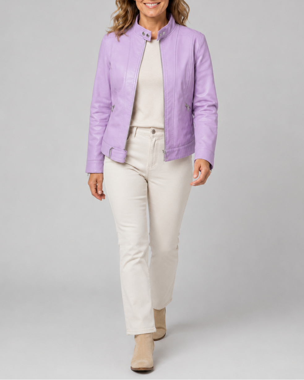 Women's Biker Moto Jacket with Zip Closure and Pockets