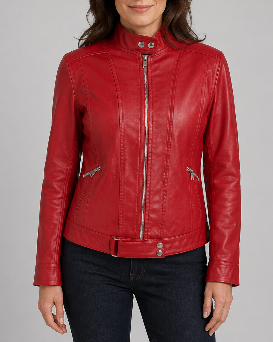 Women's Biker Moto Jacket with Zip Closure and Pockets