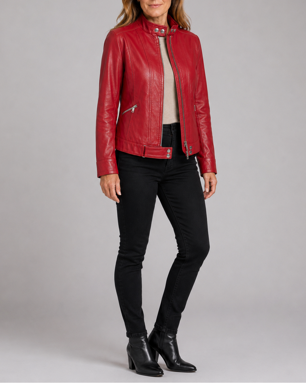Women's Biker Moto Jacket with Zip Closure and Pockets