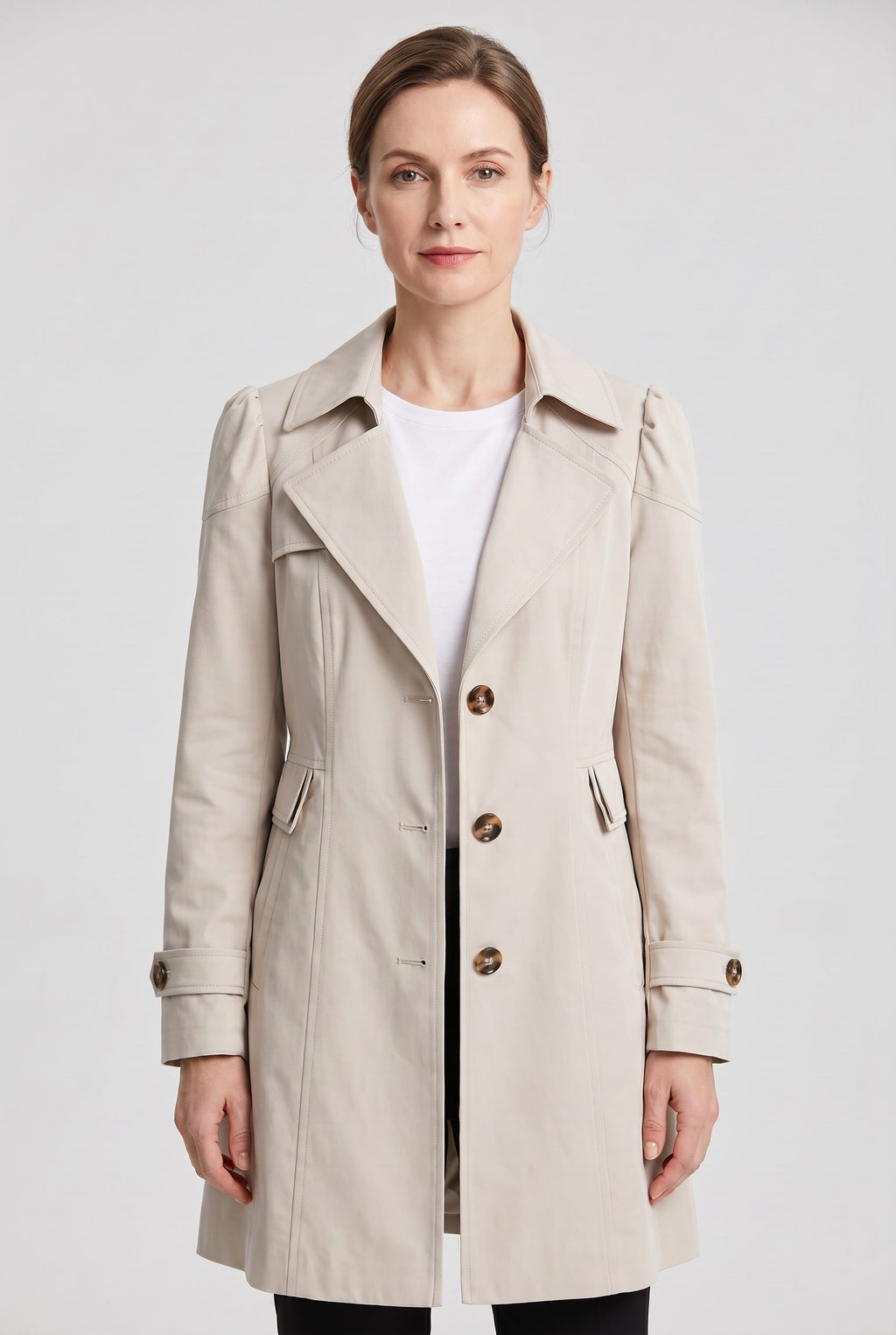 Women's Single Breasted Trench Coat with Lapel Collar and Pockets