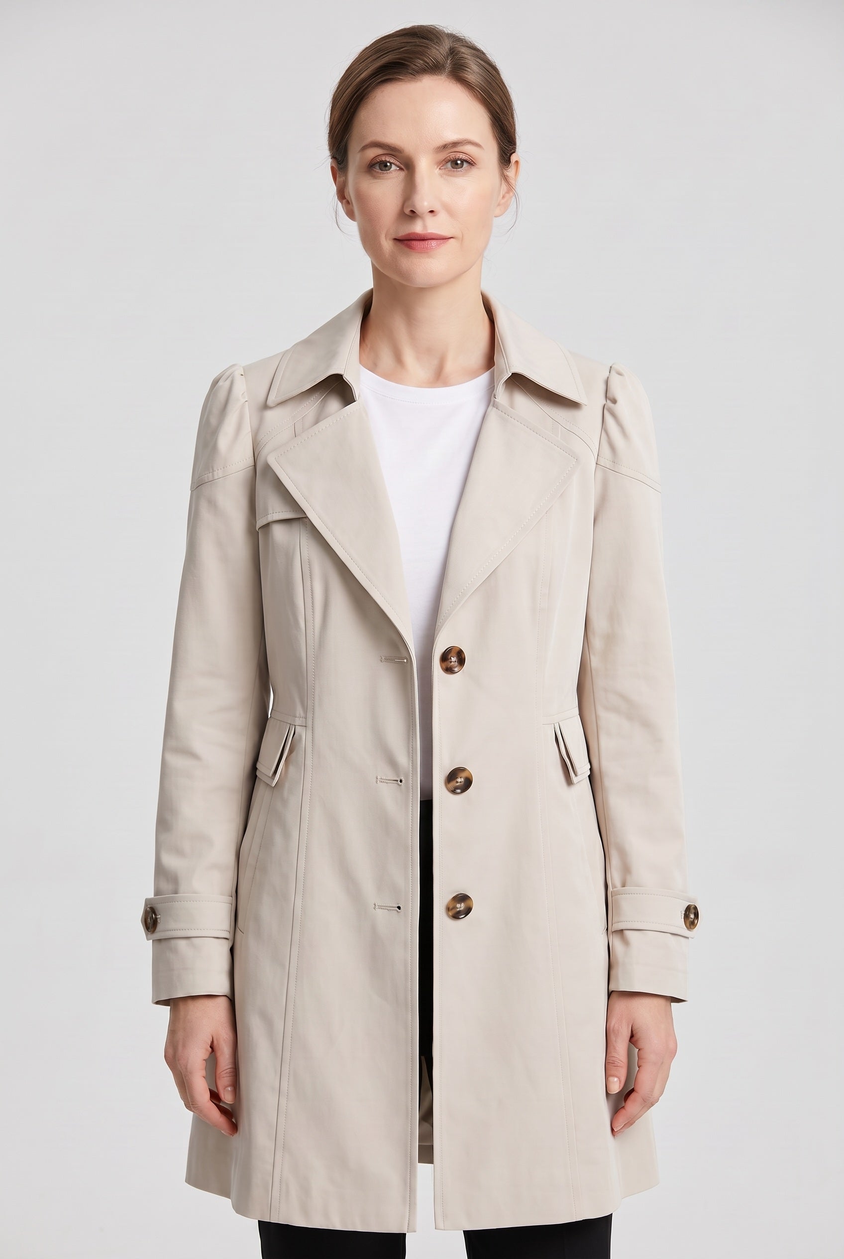 Women's Single Breasted Trench Coat with Lapel Collar and Pockets