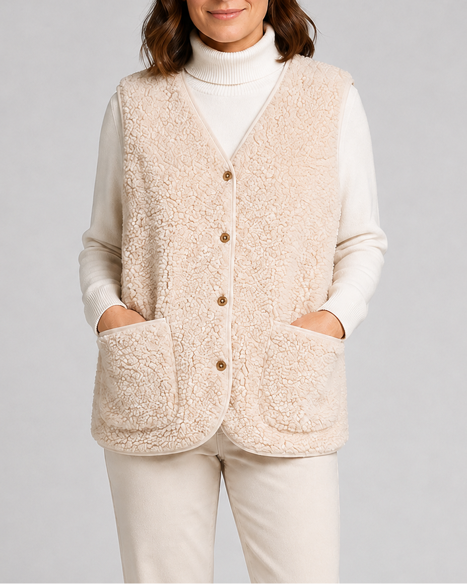 Women's Sherpa Fleece Gilet with Button Front and Patch Pockets