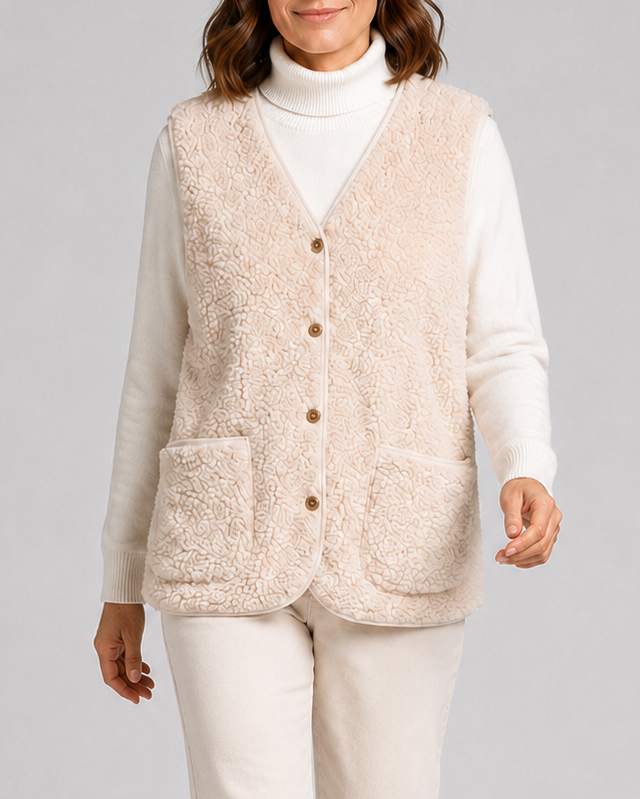 Women's Sherpa Fleece Gilet with Button Front and Patch Pockets