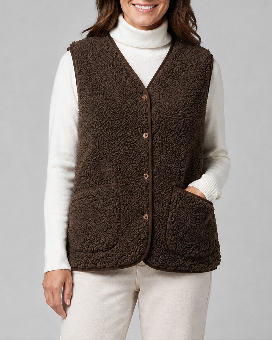 Women's Sherpa Fleece Gilet with Button Front and Patch Pockets