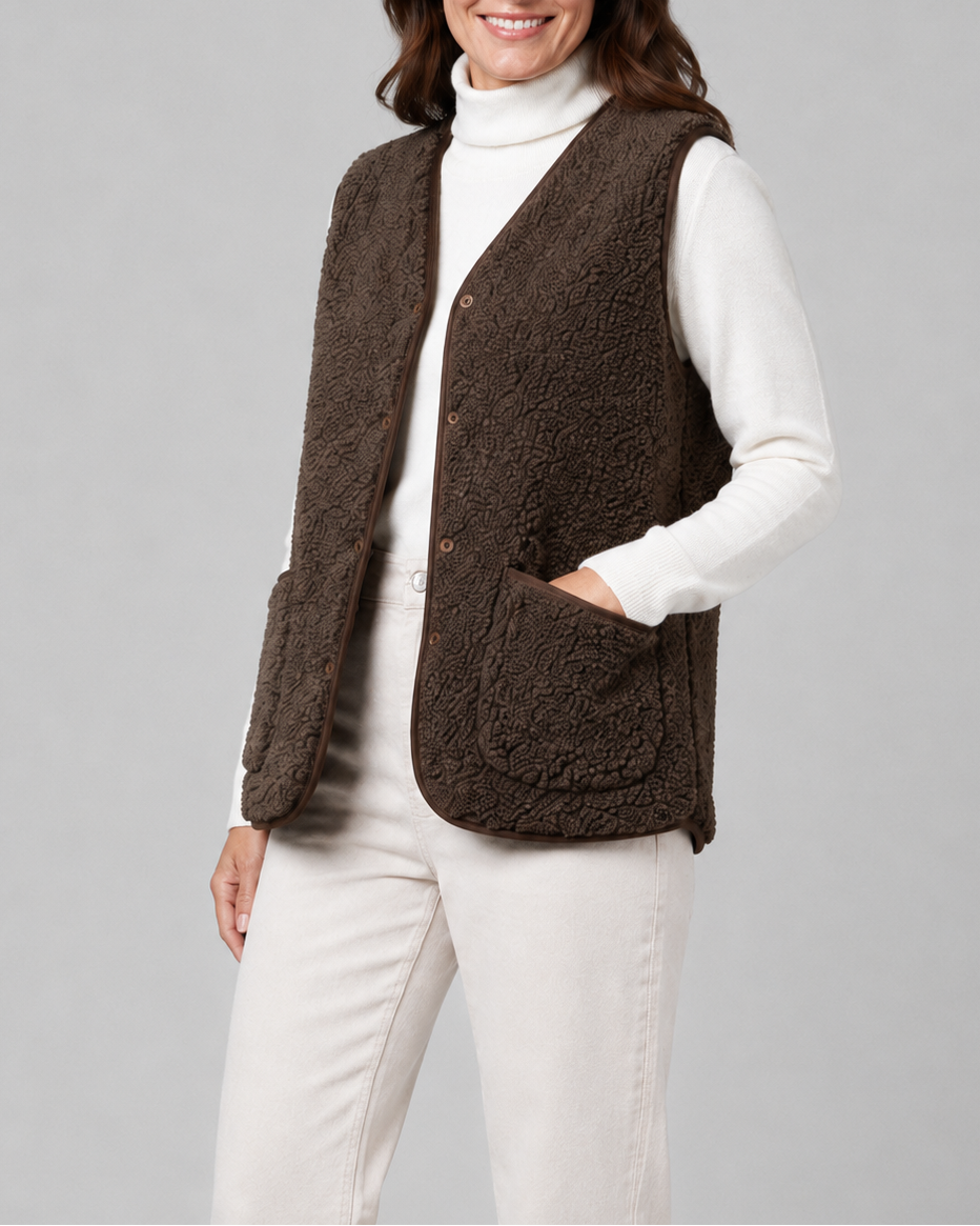 Women's Sherpa Fleece Gilet with Button Front and Patch Pockets