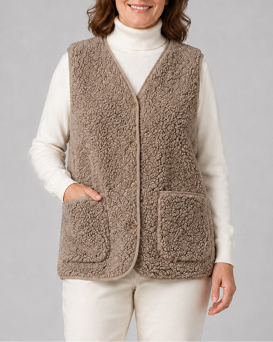Women's Sherpa Fleece Gilet with Button Front and Patch Pockets