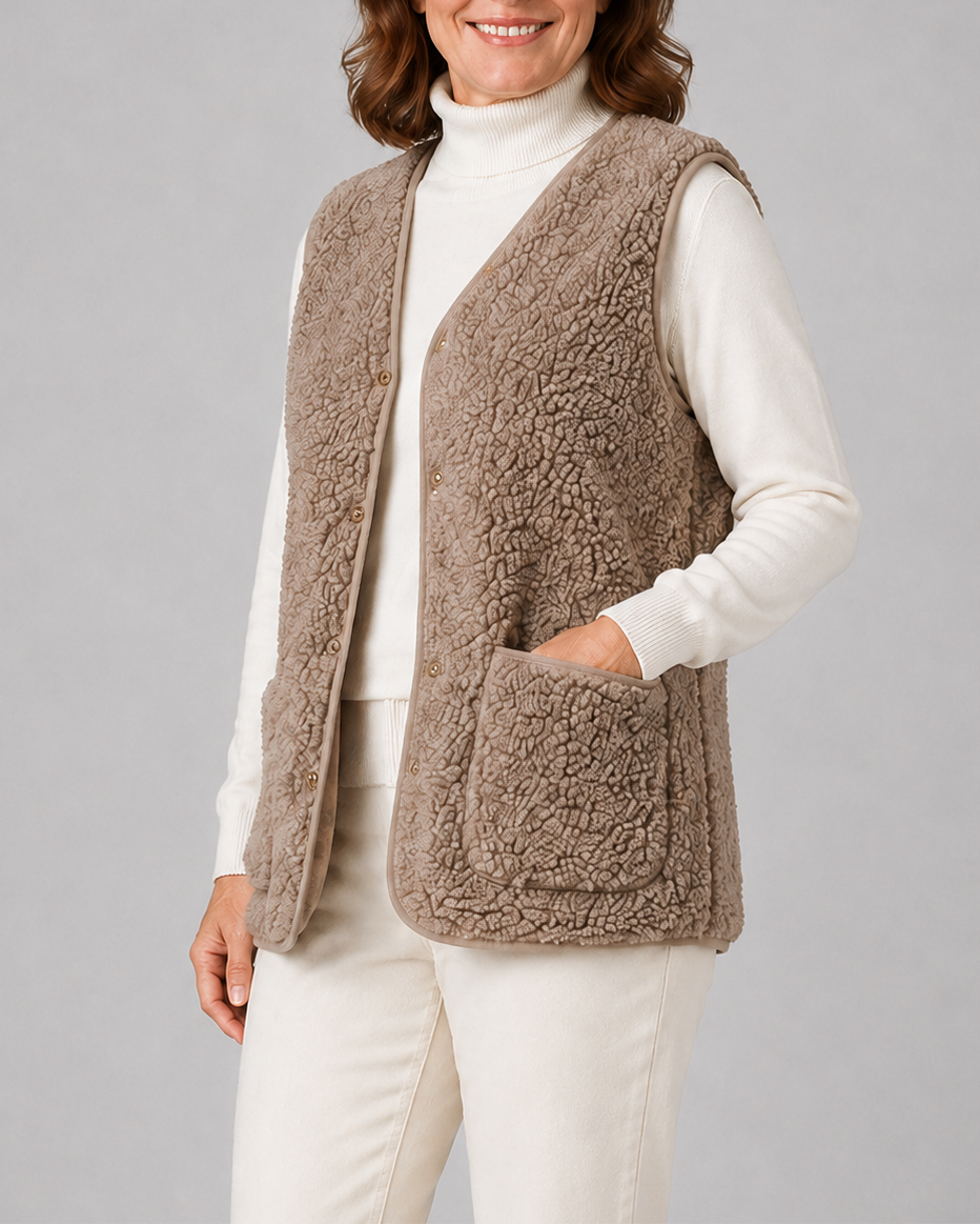 Women's Sherpa Fleece Gilet with Button Front and Patch Pockets