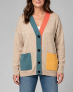 Women's Colour Block Knit Cardigan with Button Front and Pockets