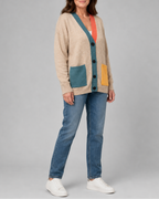 Women's Colour Block Knit Cardigan with Button Front and Pockets
