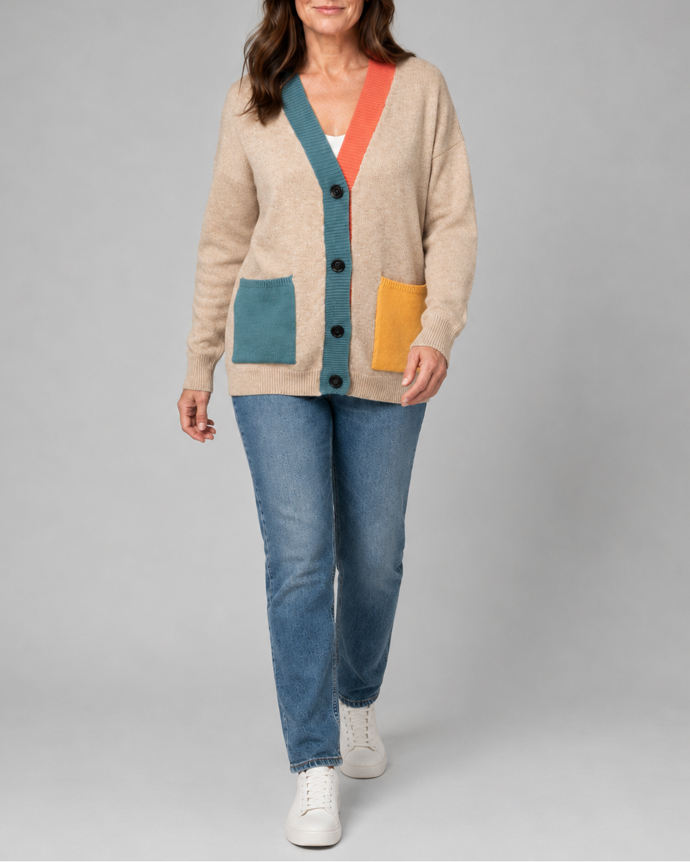 Women's Colour Block Knit Cardigan with Button Front and Pockets
