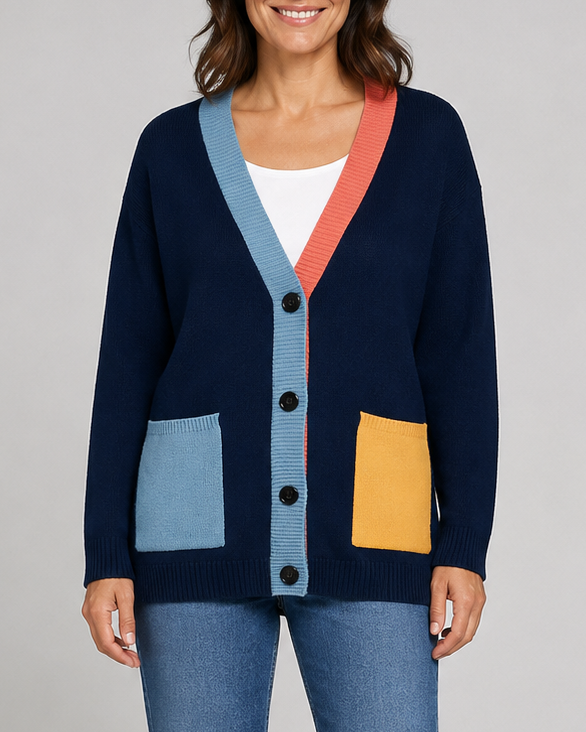 Women's Colour Block Knit Cardigan with Button Front and Pockets