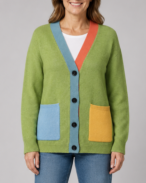 Women's Colour Block Knit Cardigan with Button Front and Pockets