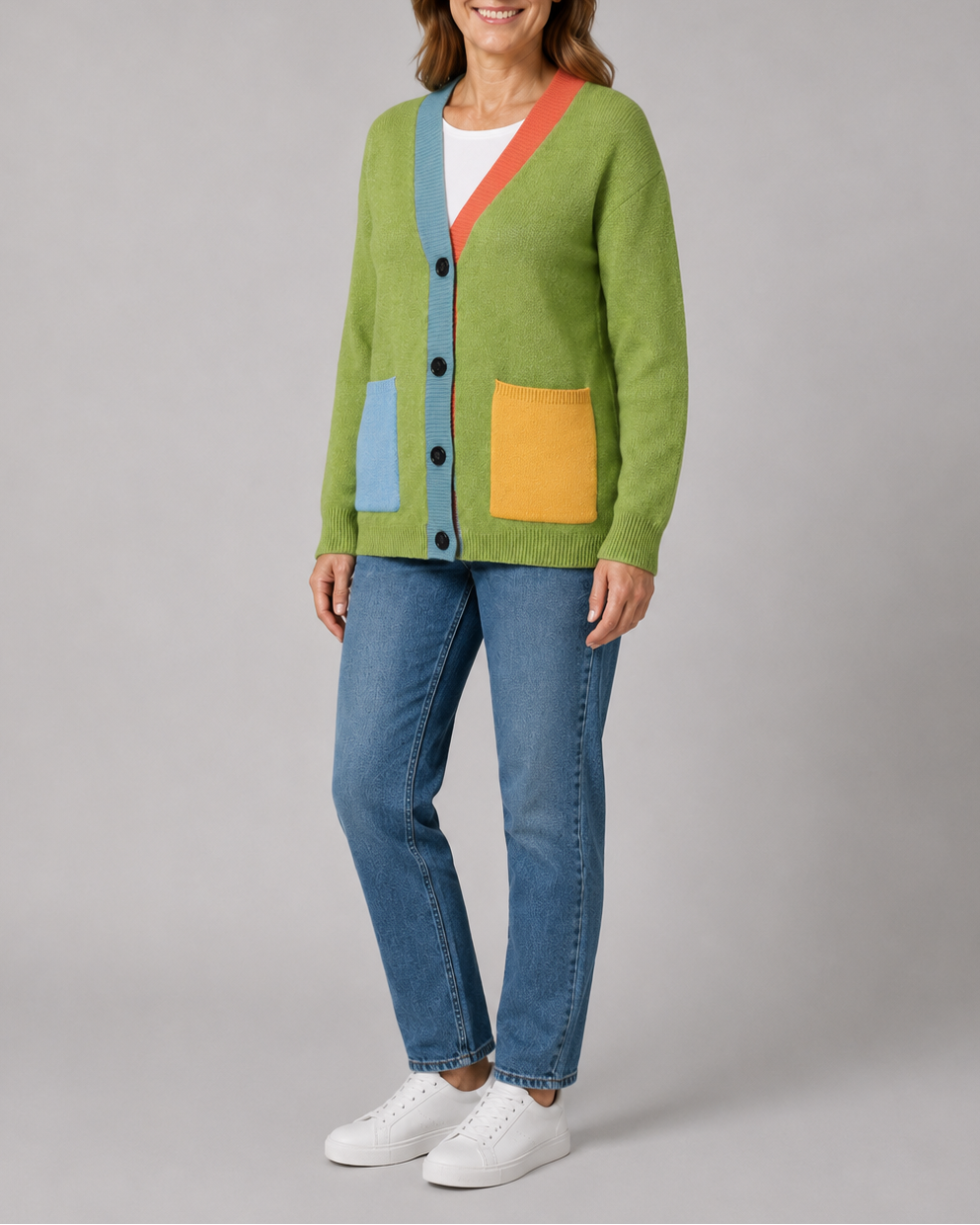 Women's Colour Block Knit Cardigan with Button Front and Pockets