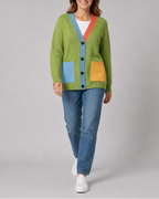 Women's Colour Block Knit Cardigan with Button Front and Pockets