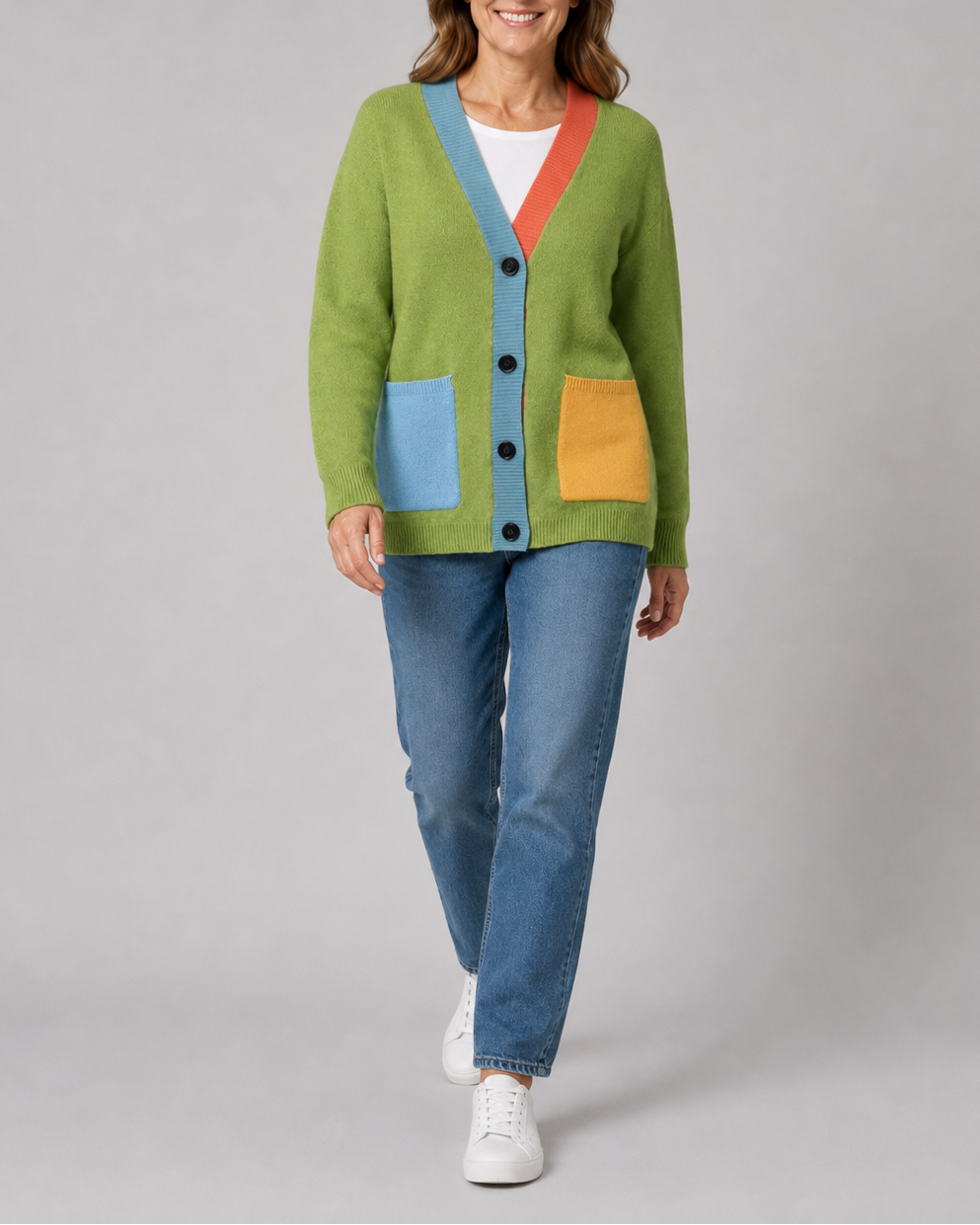 Women's Colour Block Knit Cardigan with Button Front and Pockets