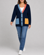 Women's Colour Block Knit Cardigan with Button Front and Pockets