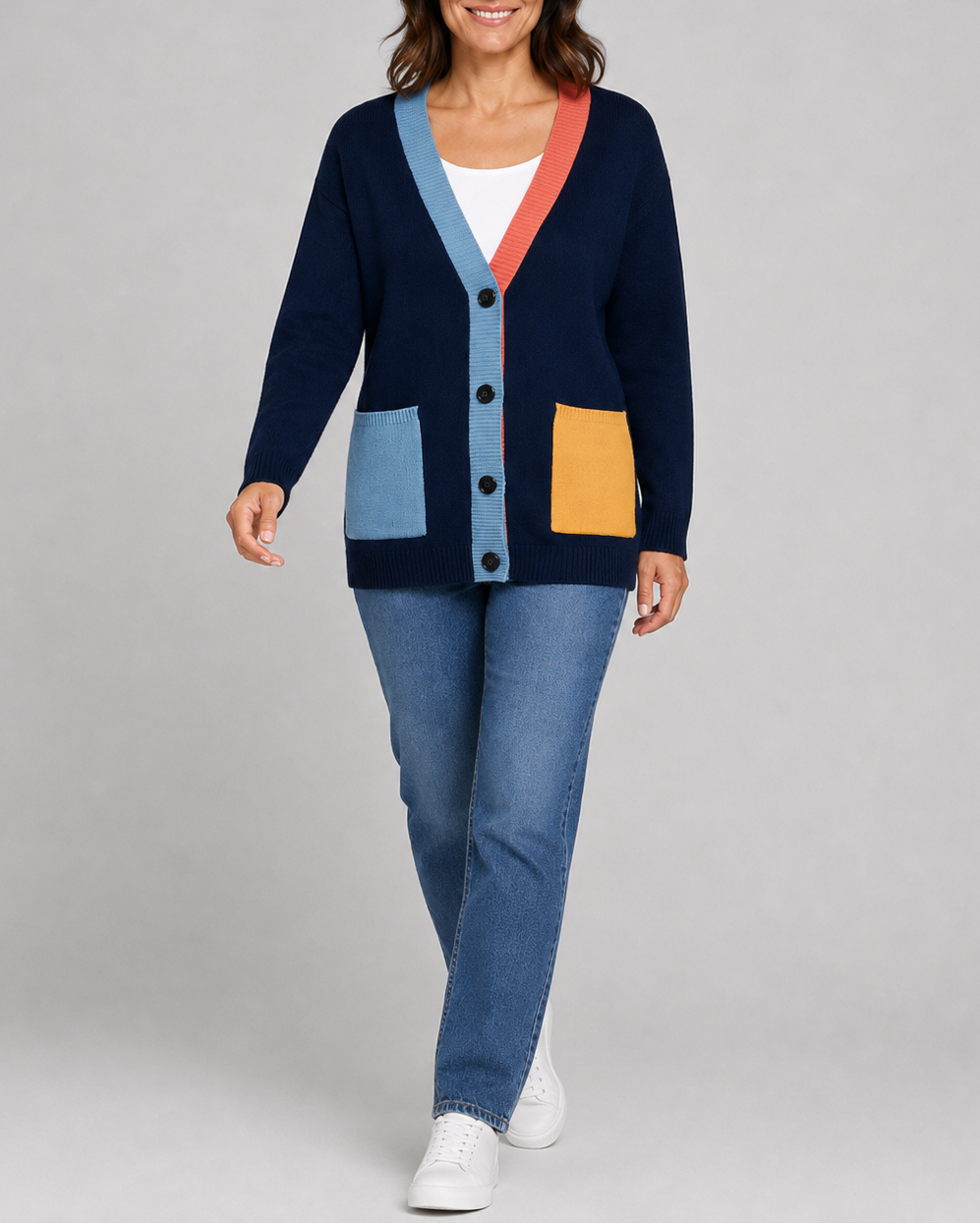 Women's Colour Block Knit Cardigan with Button Front and Pockets