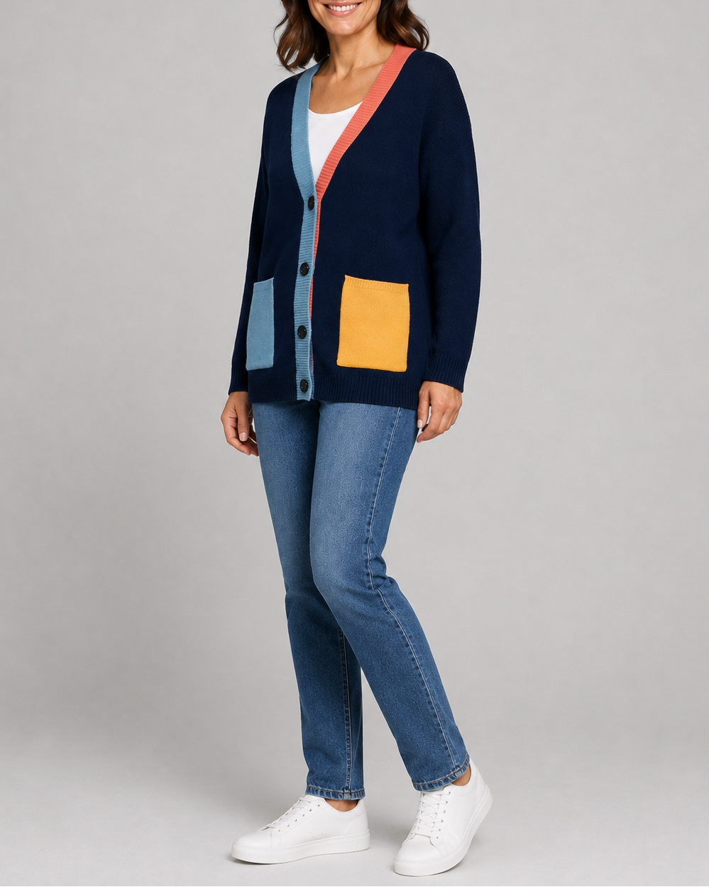Women's Colour Block Knit Cardigan with Button Front and Pockets