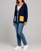 Women's Colour Block Knit Cardigan with Button Front and Pockets