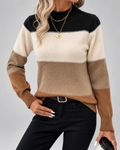 Women's Colour Block Knit Jumper with Mock Neck and Ribbed Cuffs