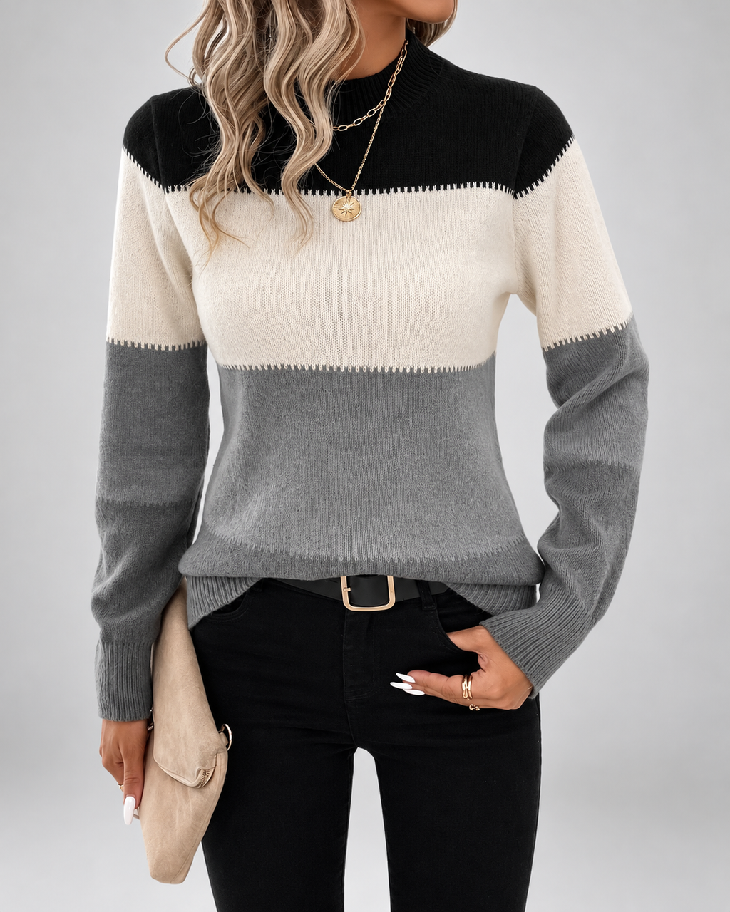 Women's Colour Block Knit Jumper with Mock Neck and Ribbed Cuffs