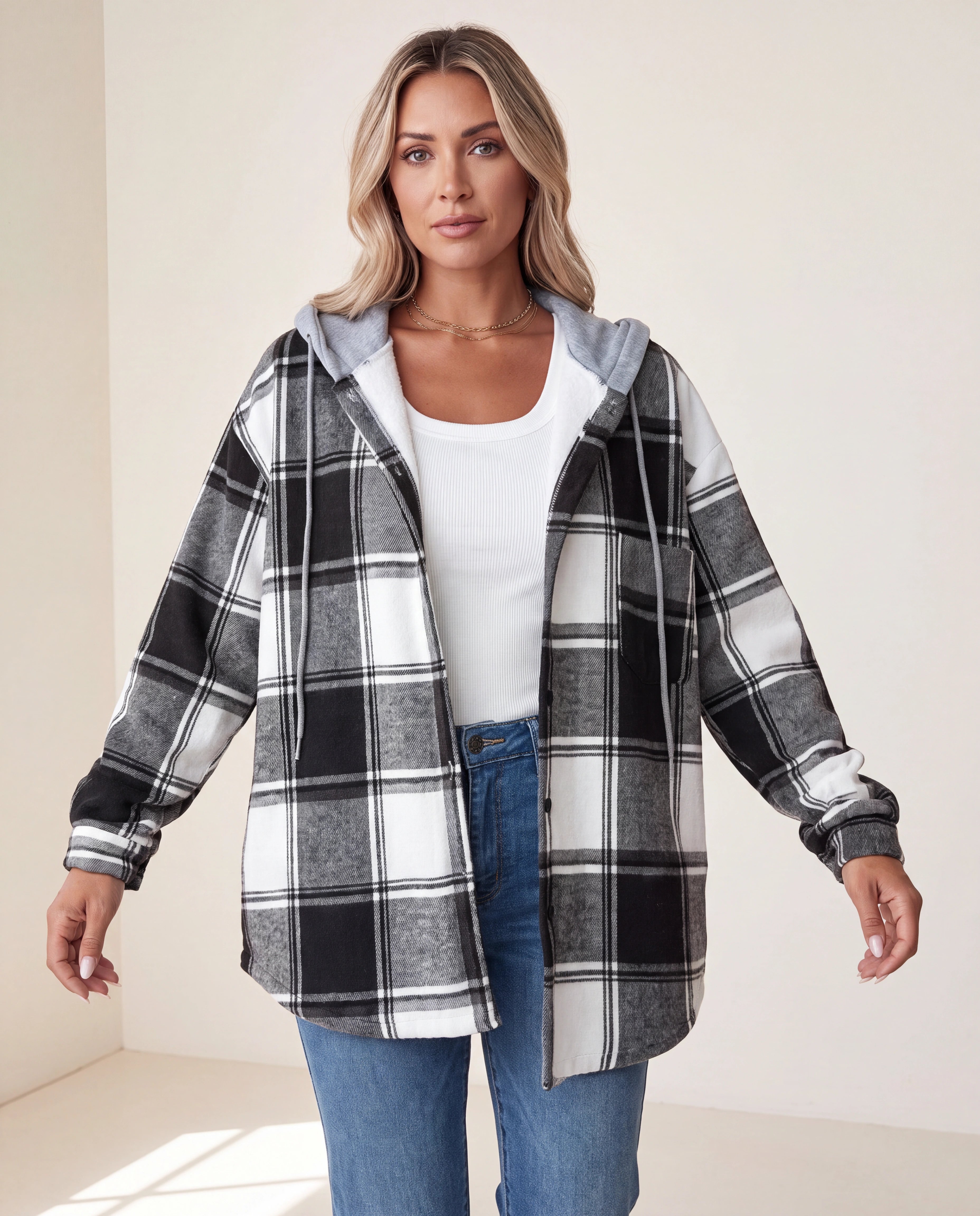 Women's Plaid Check Hooded Button Up Jacket