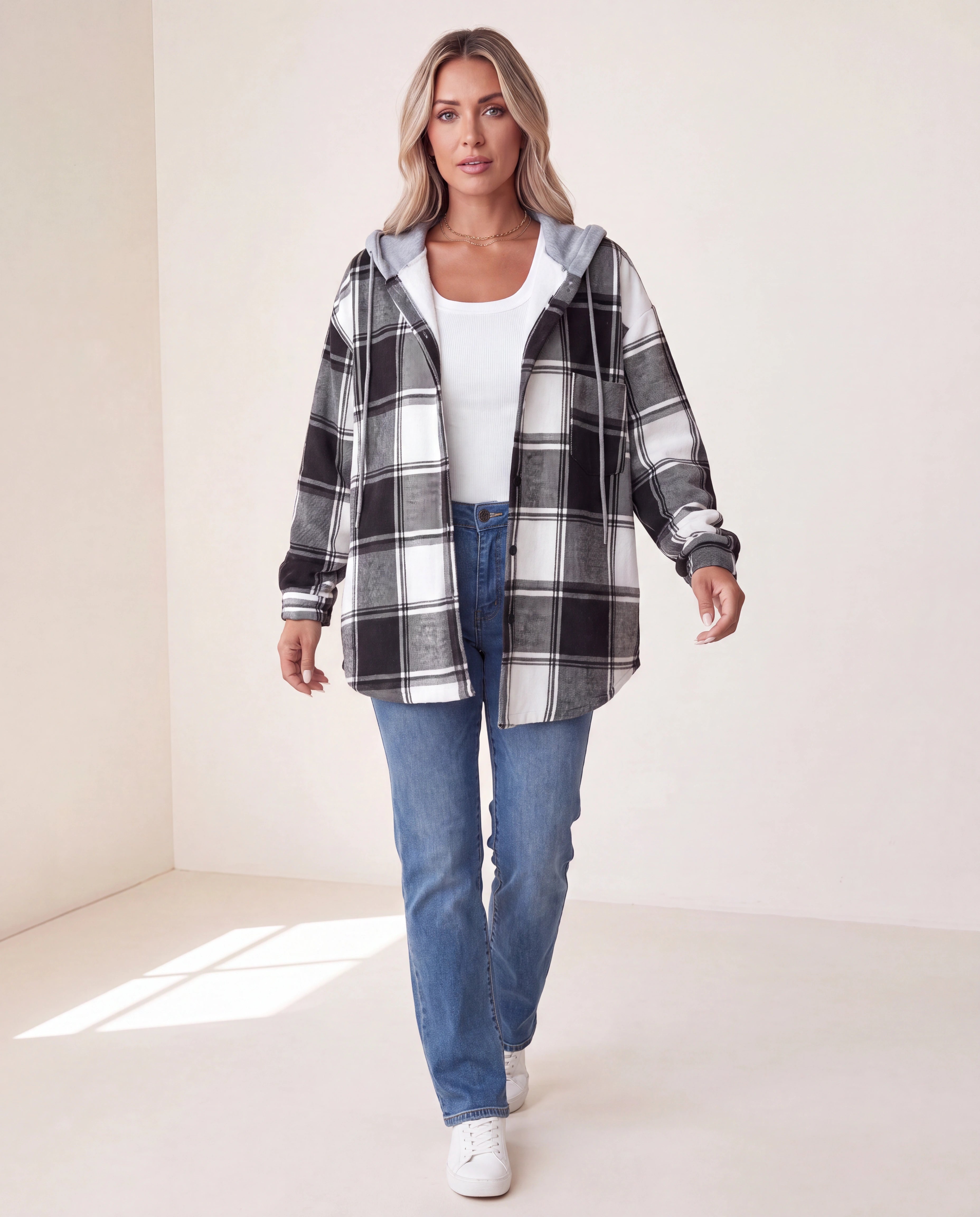 Women's Plaid Check Hooded Button Up Jacket