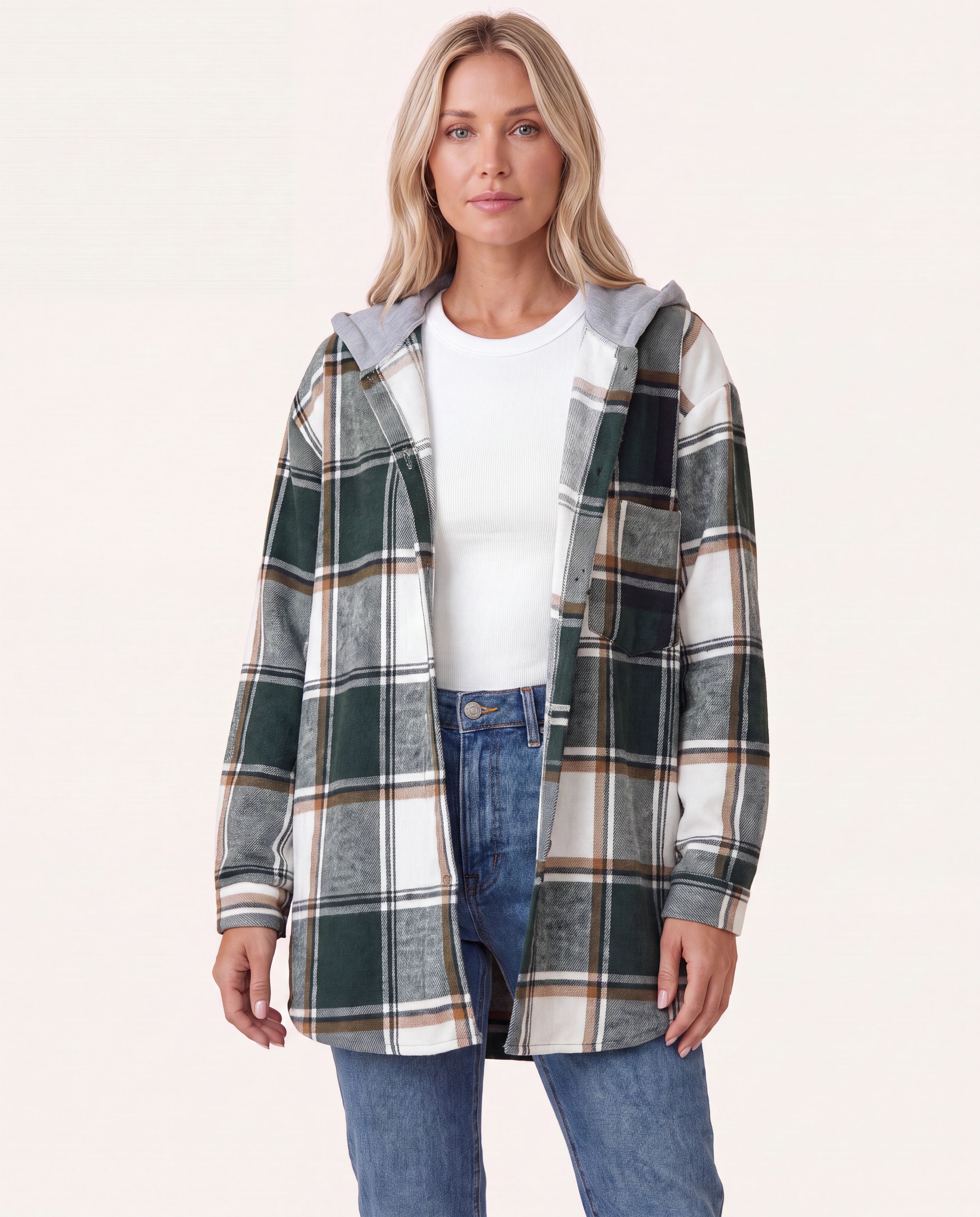 Women's Plaid Check Hooded Button Up Jacket