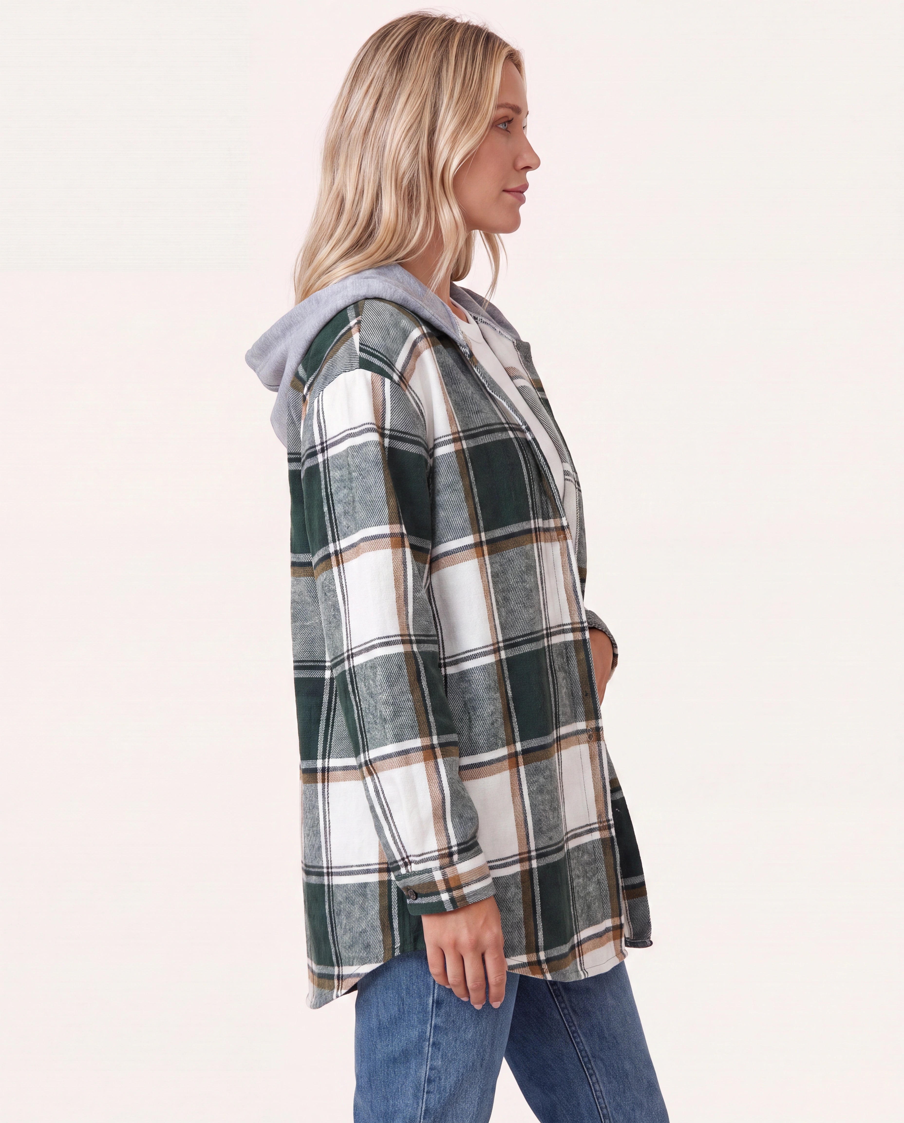 Women's Plaid Check Hooded Button Up Jacket