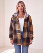 Women's Plaid Check Hooded Button Up Jacket