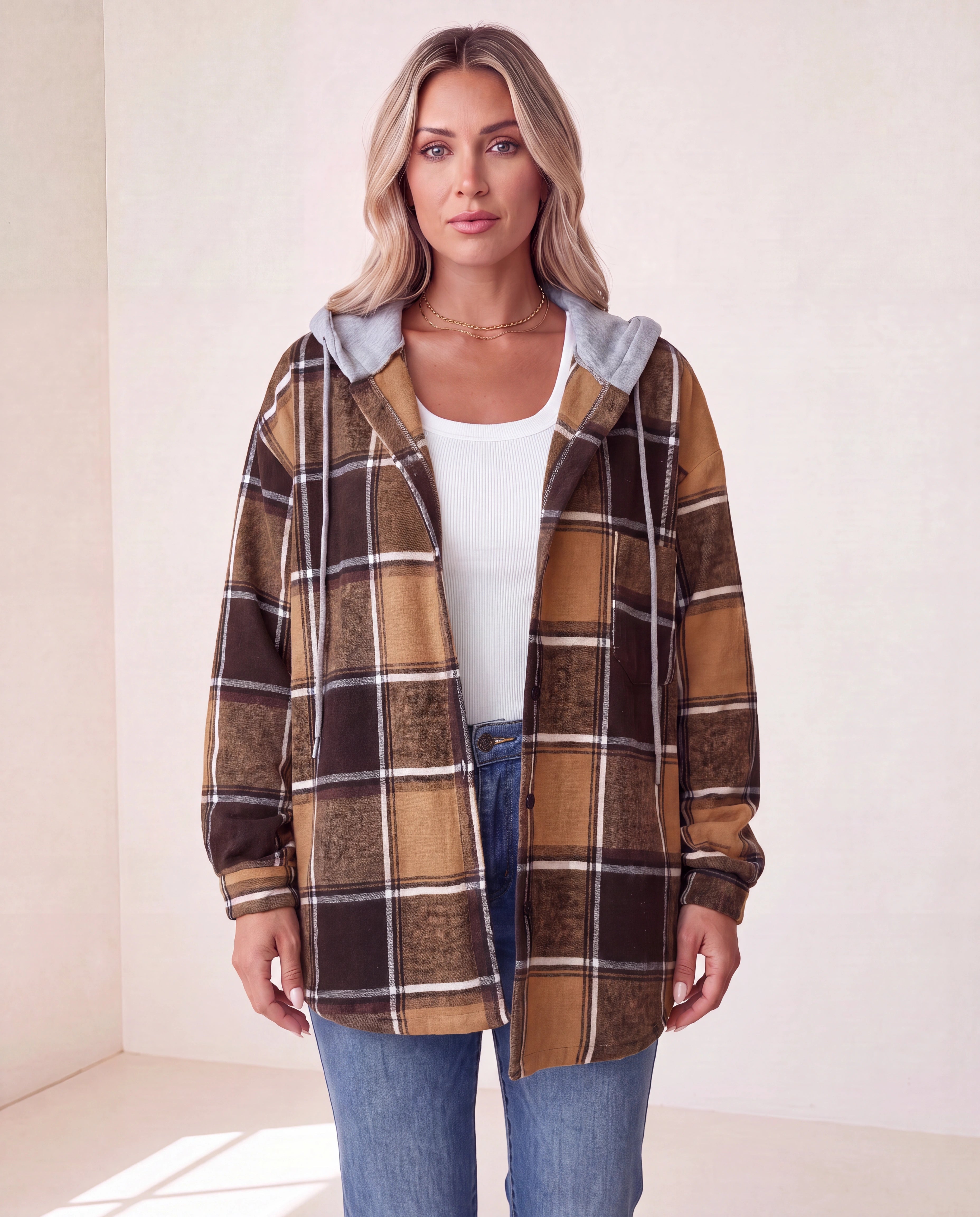 Women's Plaid Check Hooded Button Up Jacket