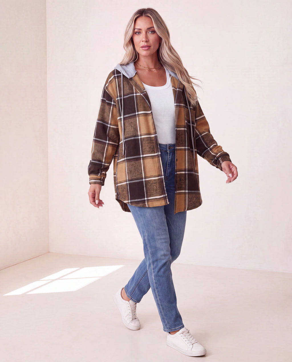 Women's Plaid Check Hooded Button Up Jacket