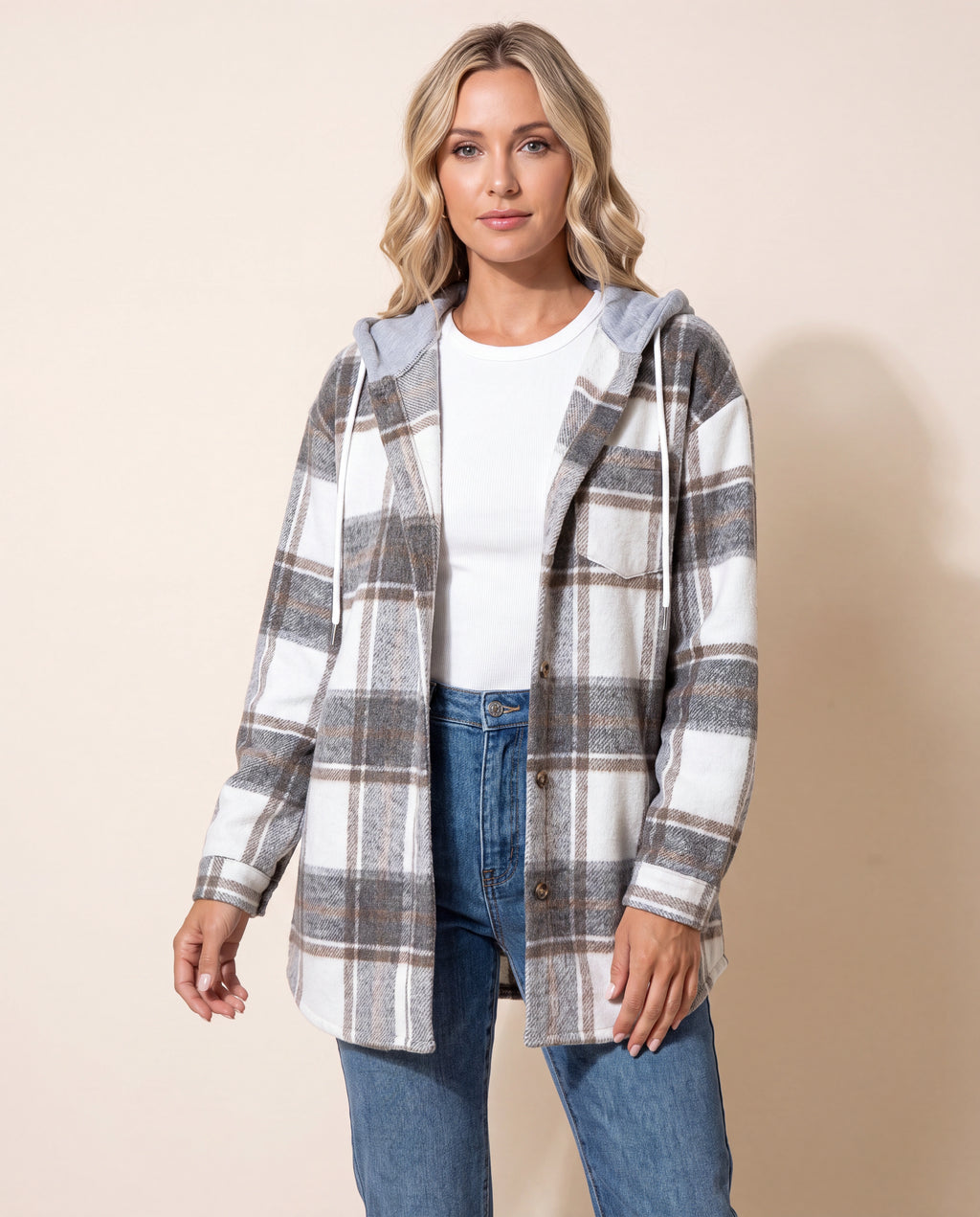 Women's Plaid Check Hooded Button Up Jacket