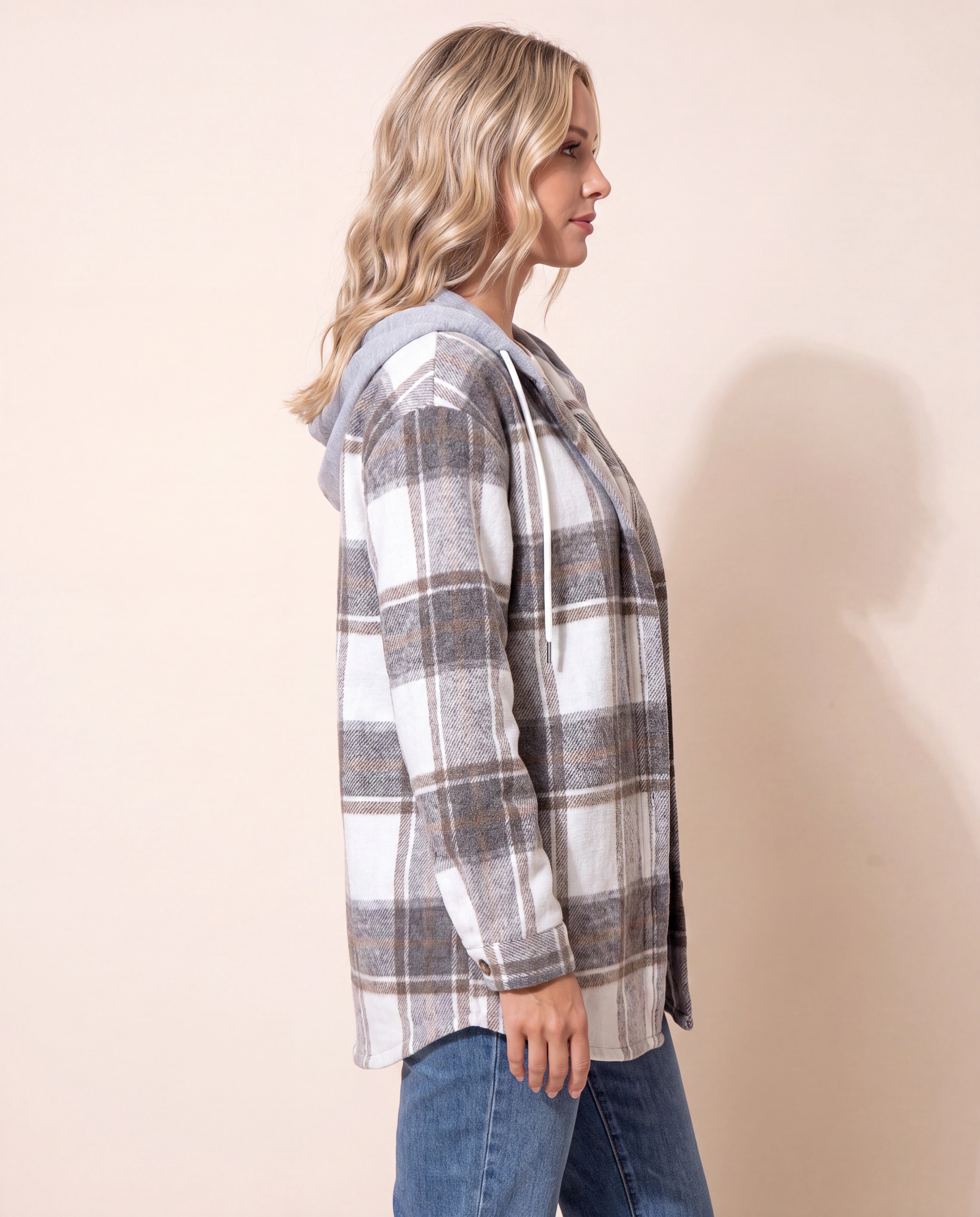 Women's Plaid Check Hooded Button Up Jacket