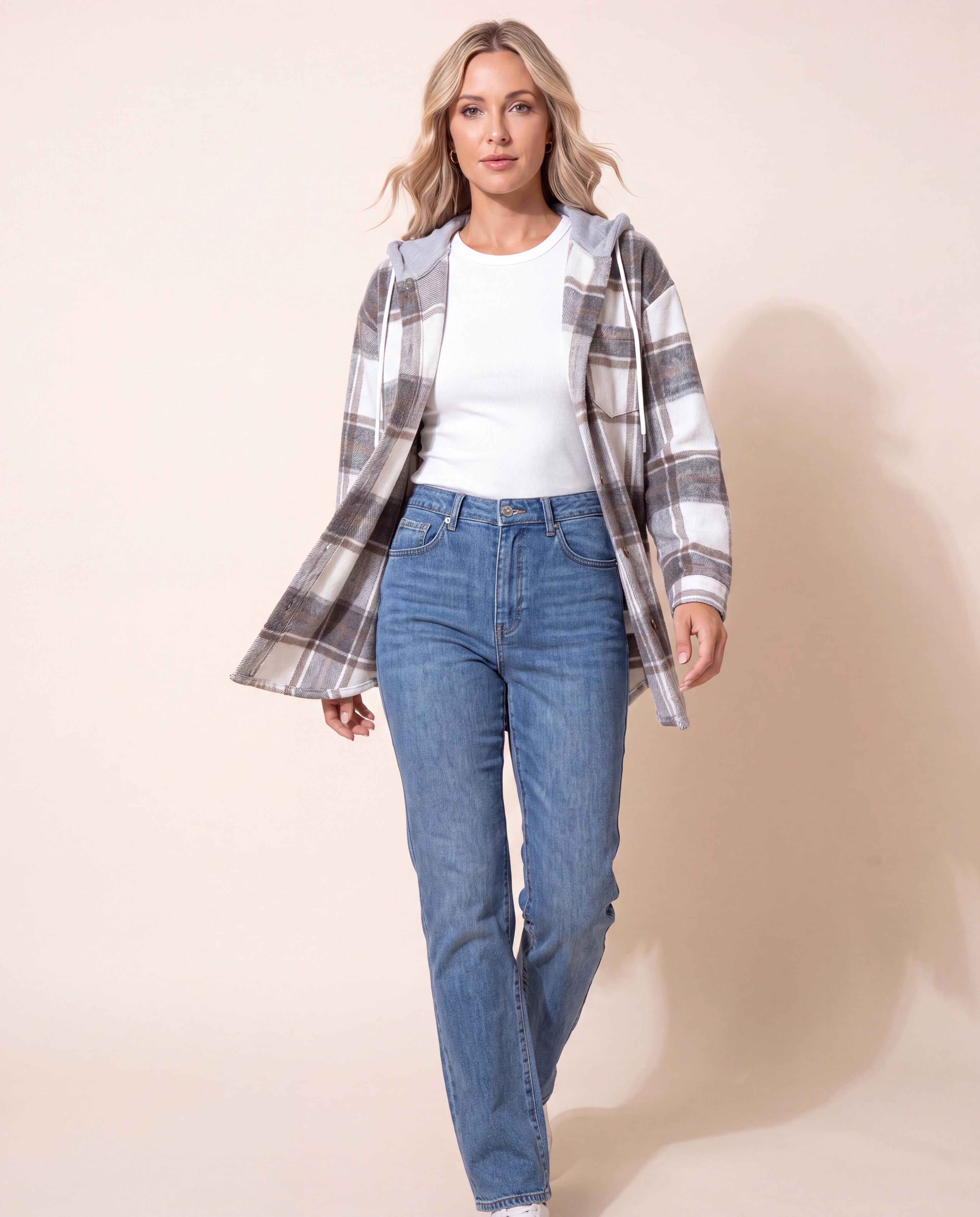 Women's Plaid Check Hooded Button Up Jacket
